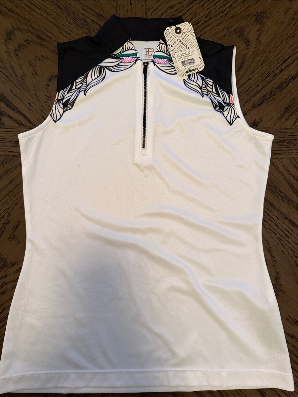 EP Pro White Sleeveless Golf Top with Black Collar and Floral Accents